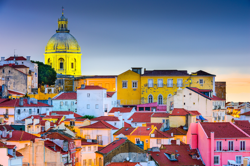 Lisbon, Portugal skyline at Alfama, the oldest district of the city with the National Pantheon Dome.